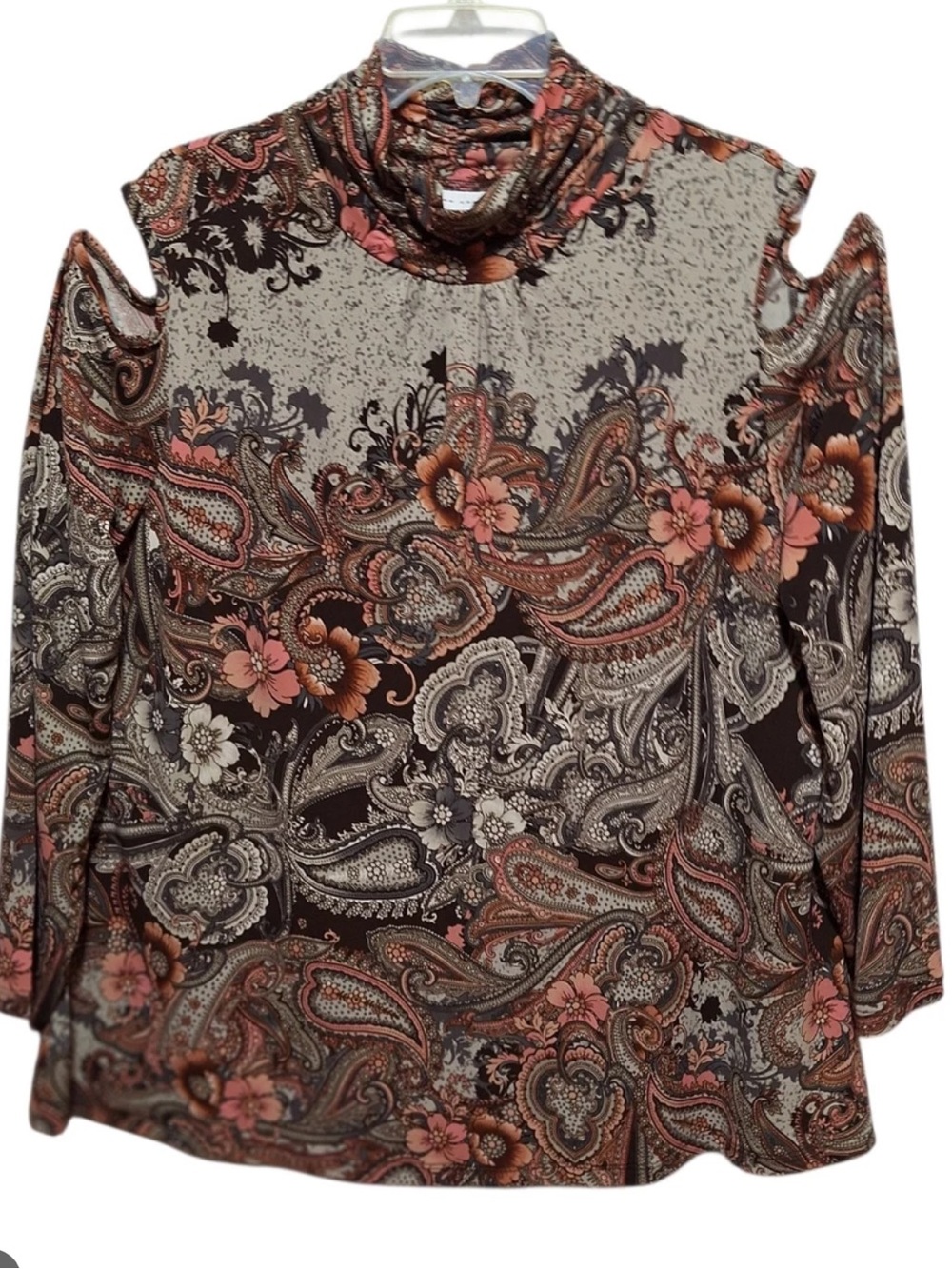 Susan Graver Liquid Knit Paisley Print Cold-Shoulder Top Sz Lg